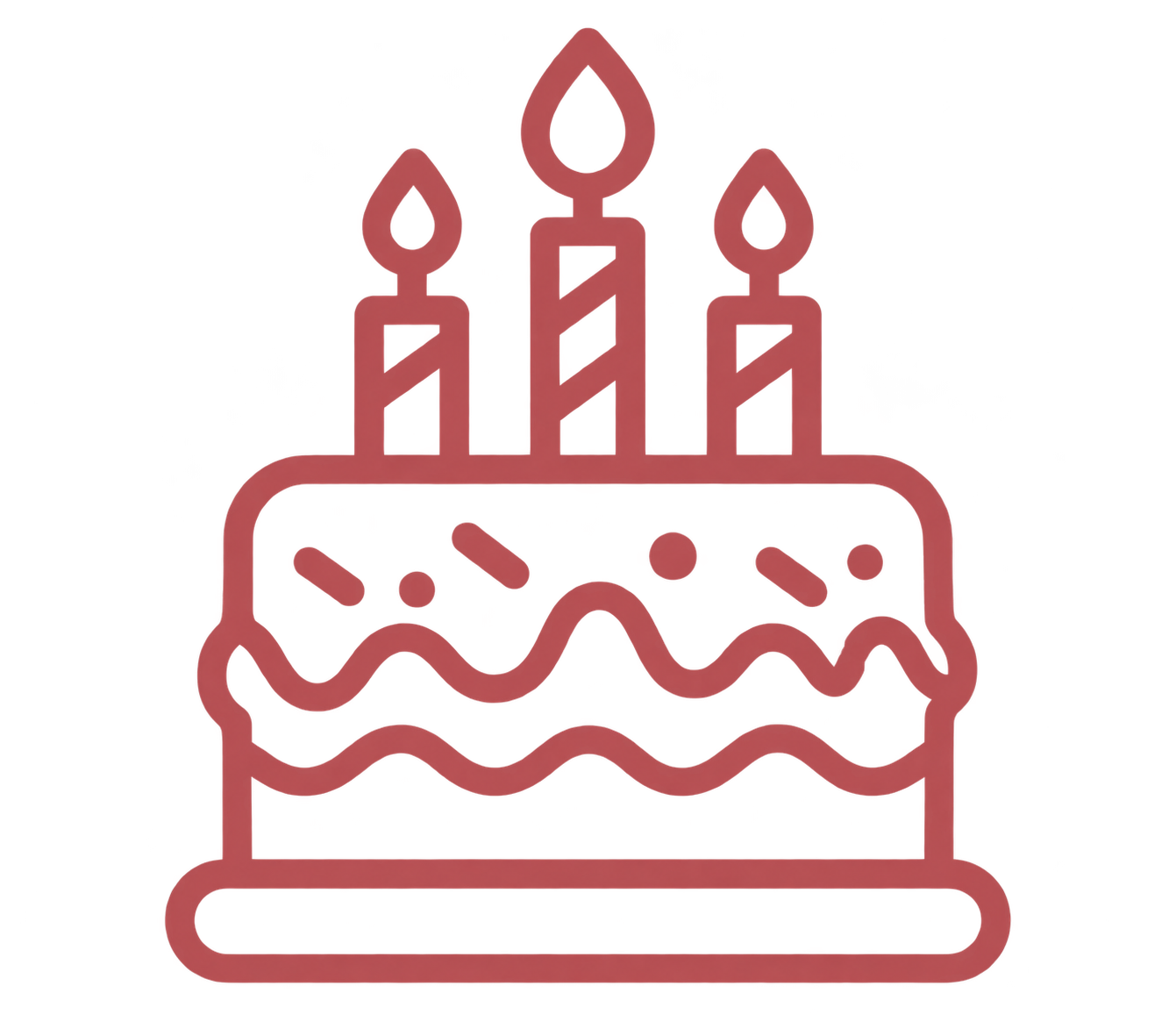 Three lit birthday candles atop a rectangular cake with wavy icing and decorative dots on the side.