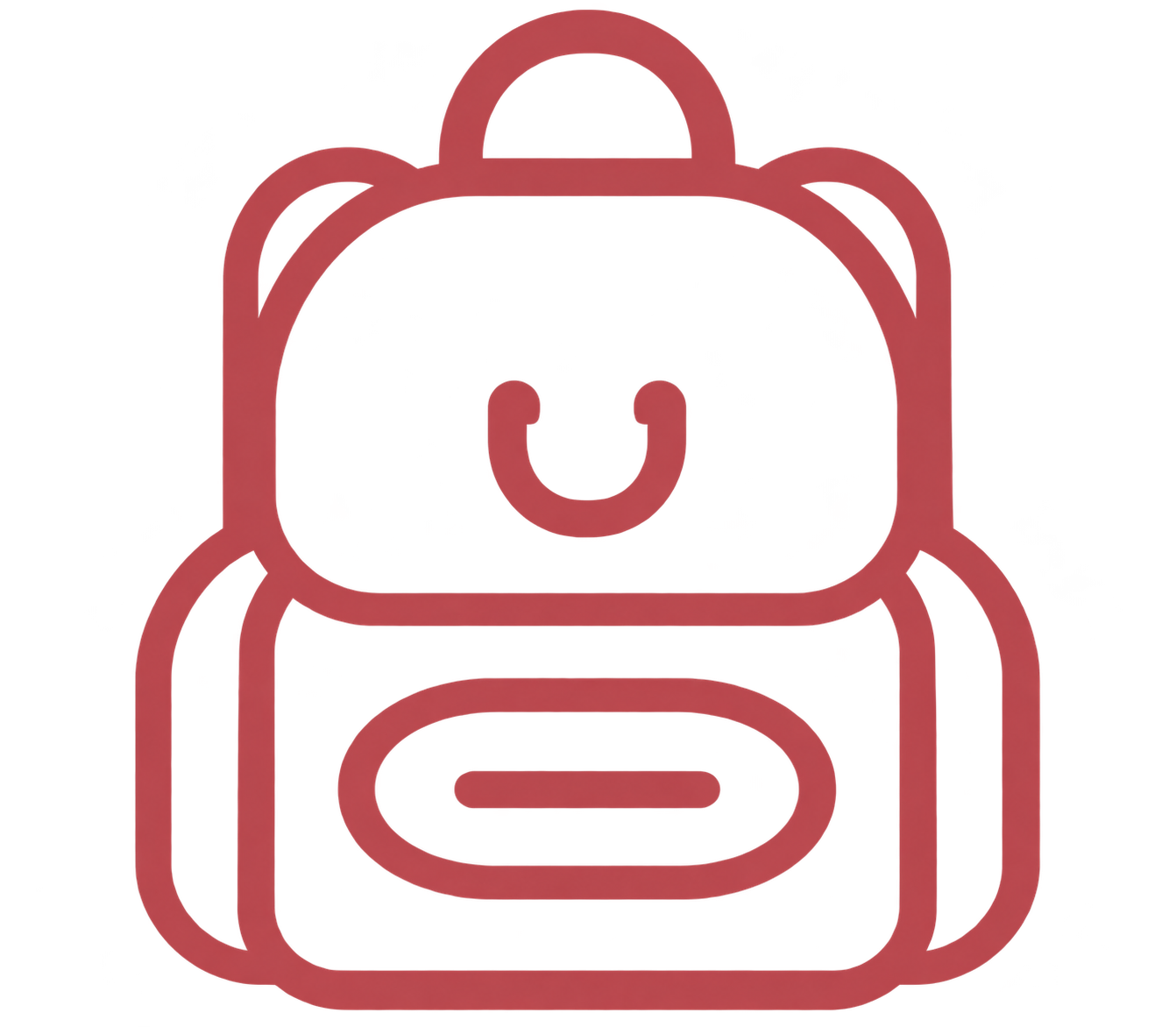 Red outline of a backpack icon with a subtle smile, used as a logo or UI element