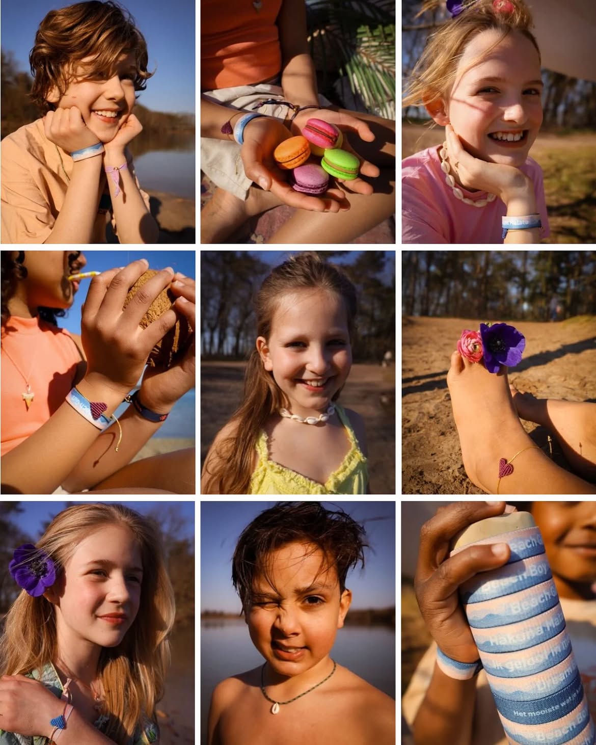 Collage of smiling kids at the beach wearing light blue wristbands and sunny weather.